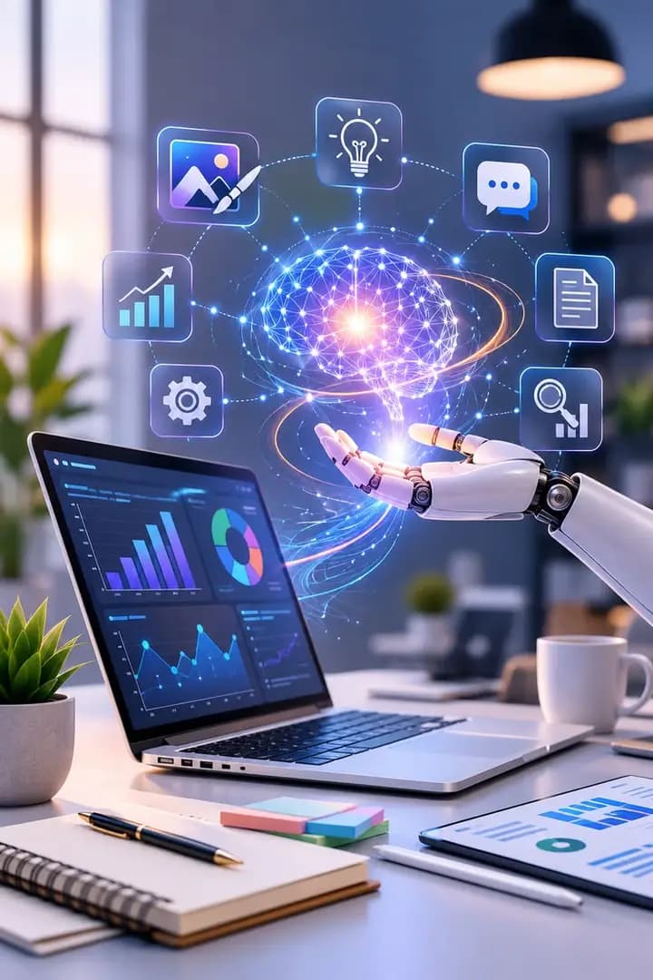 AI-powered business analytics on laptop — UJSS cloud and Tally solutions Mumbai